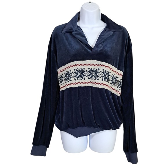VTG 70s Probe Shirt Velvet Large Blue Knit  Mod Disco Preppy Velour Polo V Neck - Picture 1 of 12